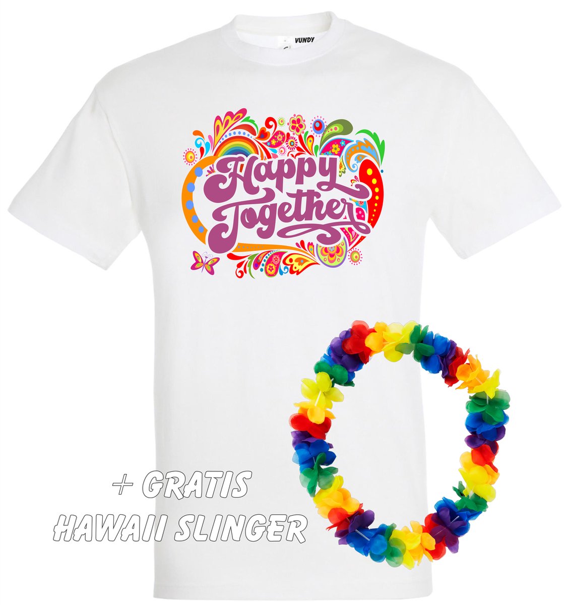 T-shirt Happy Together Print | Toppers in Concert 2022 | Toppers kleding shirt | Flower Power | Hippie Jaren 60 | Wit | maat S